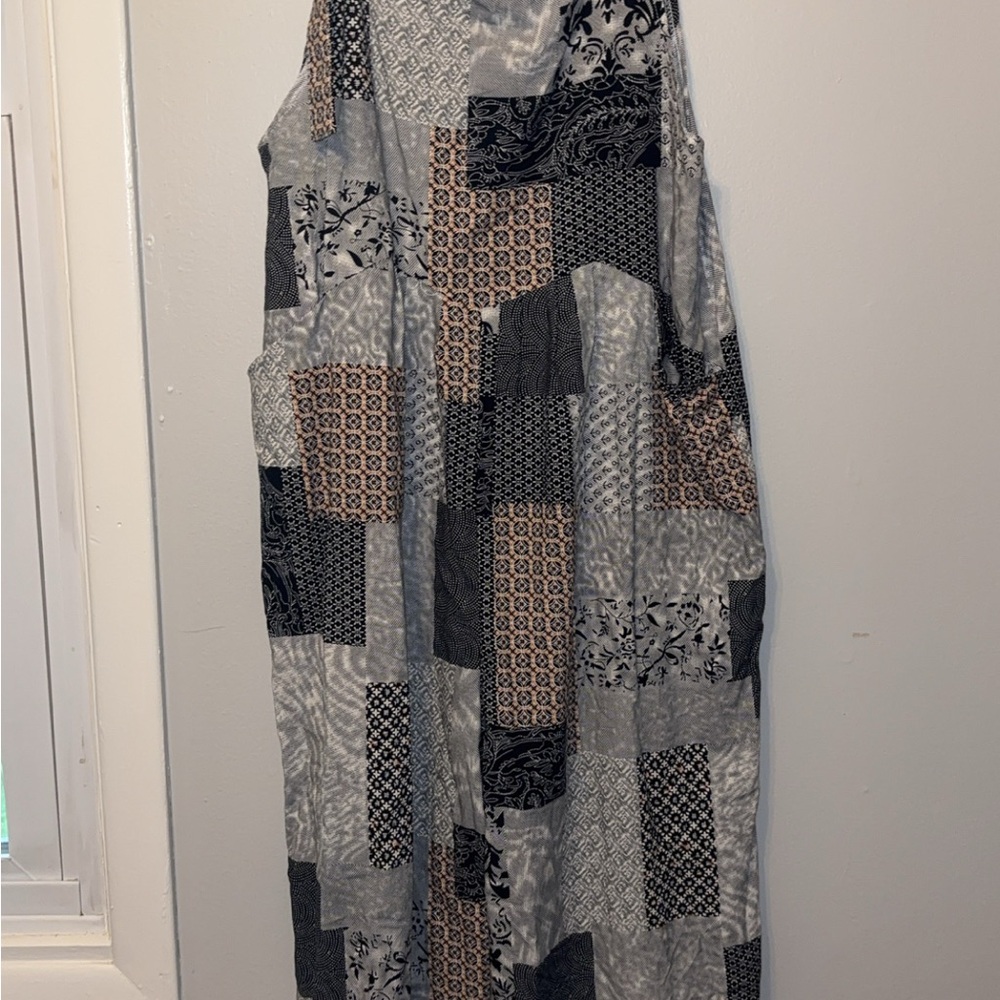 Patchwork Print Maxi Dress - Black, Gray & Tan